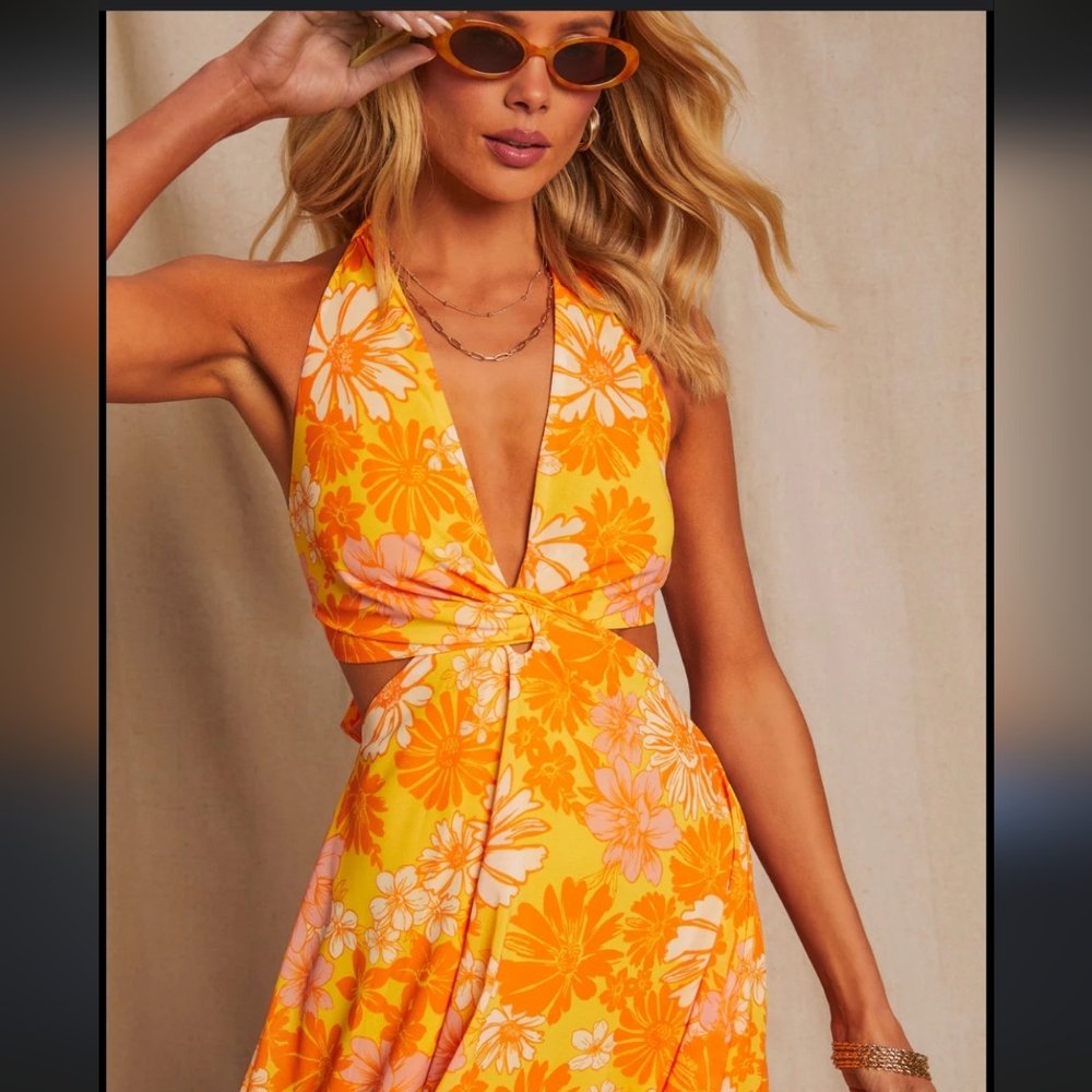 Vici colection Floral Halter Dress in Orange and Yellow